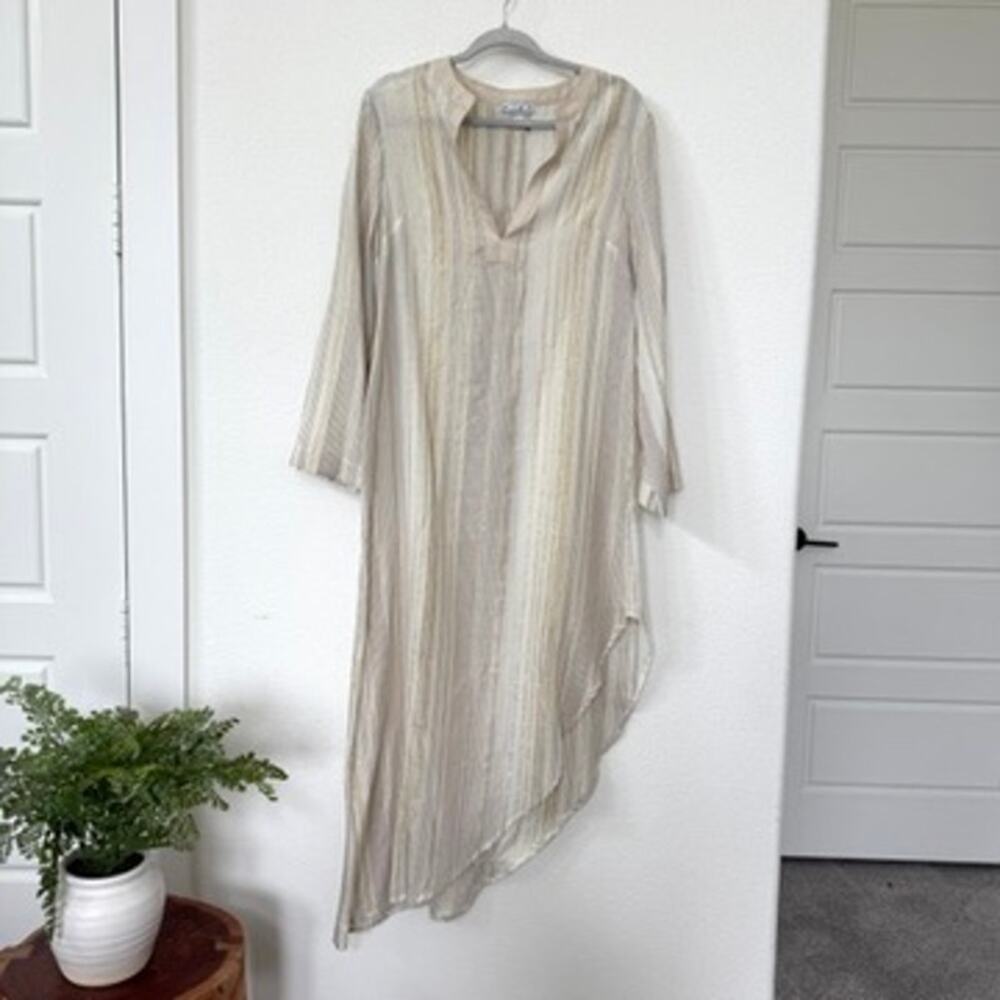 MY BEACHY SIDE Metallic Stripe‎ Cotton Dress Asymmetrical Gold Sheer Resort L/XL